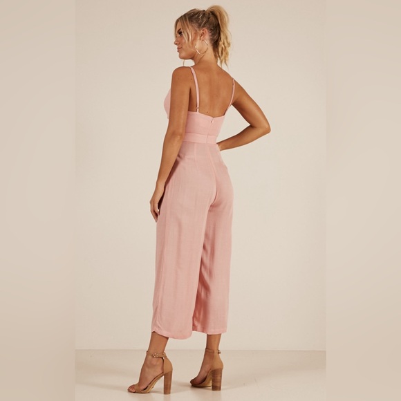 Showpo. Renewed Cut Out Tie Front Linen Look Jumpsuit in Pink Linen Look - Picture 5 of 12